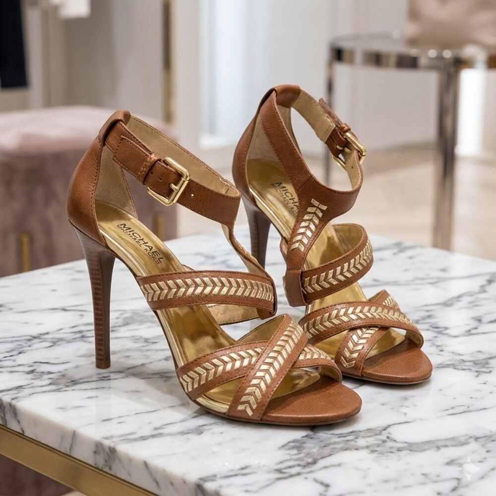 MICHAEL Kors Brown Leather Gold Chevron Strappy Stiletto Heels Size 6.5